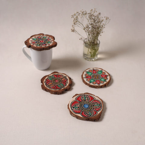Madhubani handpainted pine wood coaster (set of 4) 06