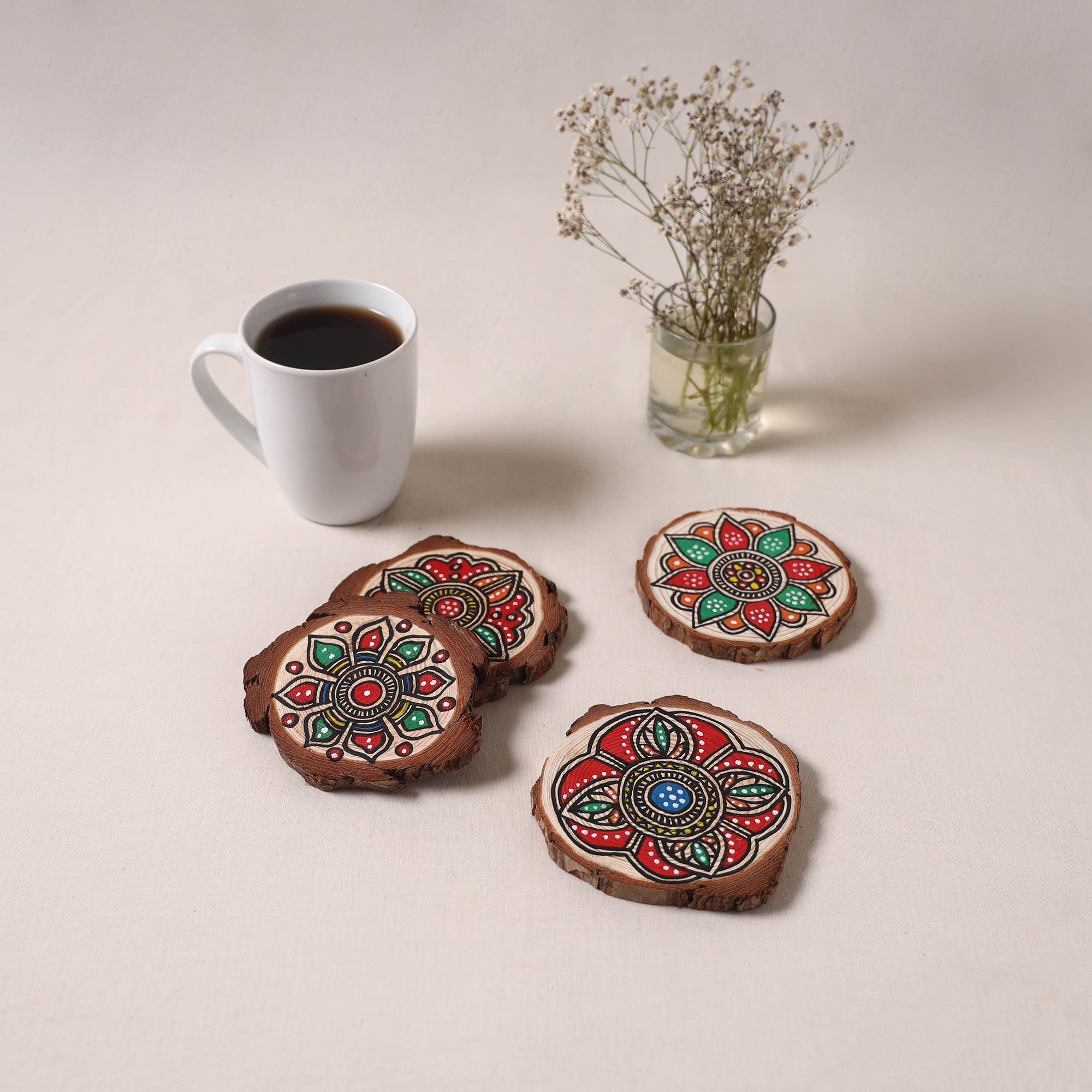Madhubani handpainted pine wood coaster (set of 4) 06