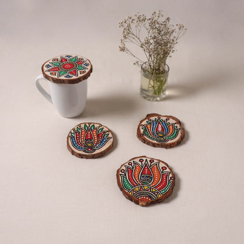 Madhubani handpainted pine wood coaster (set of 4) 08