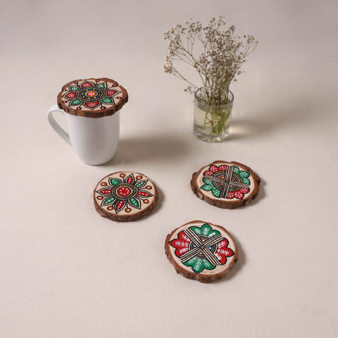 Madhubani handpainted pine wood coaster (set of 4) 10