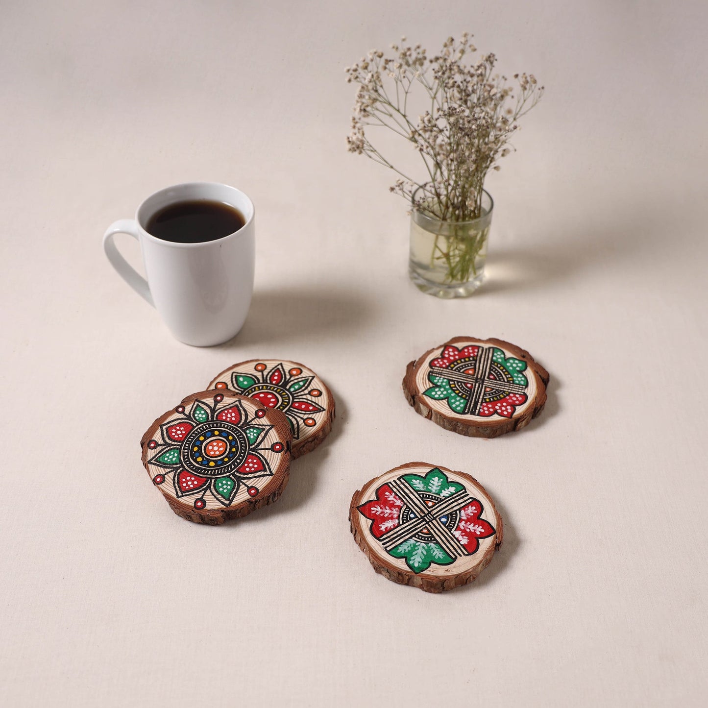Madhubani handpainted pine wood coaster (set of 4) 10