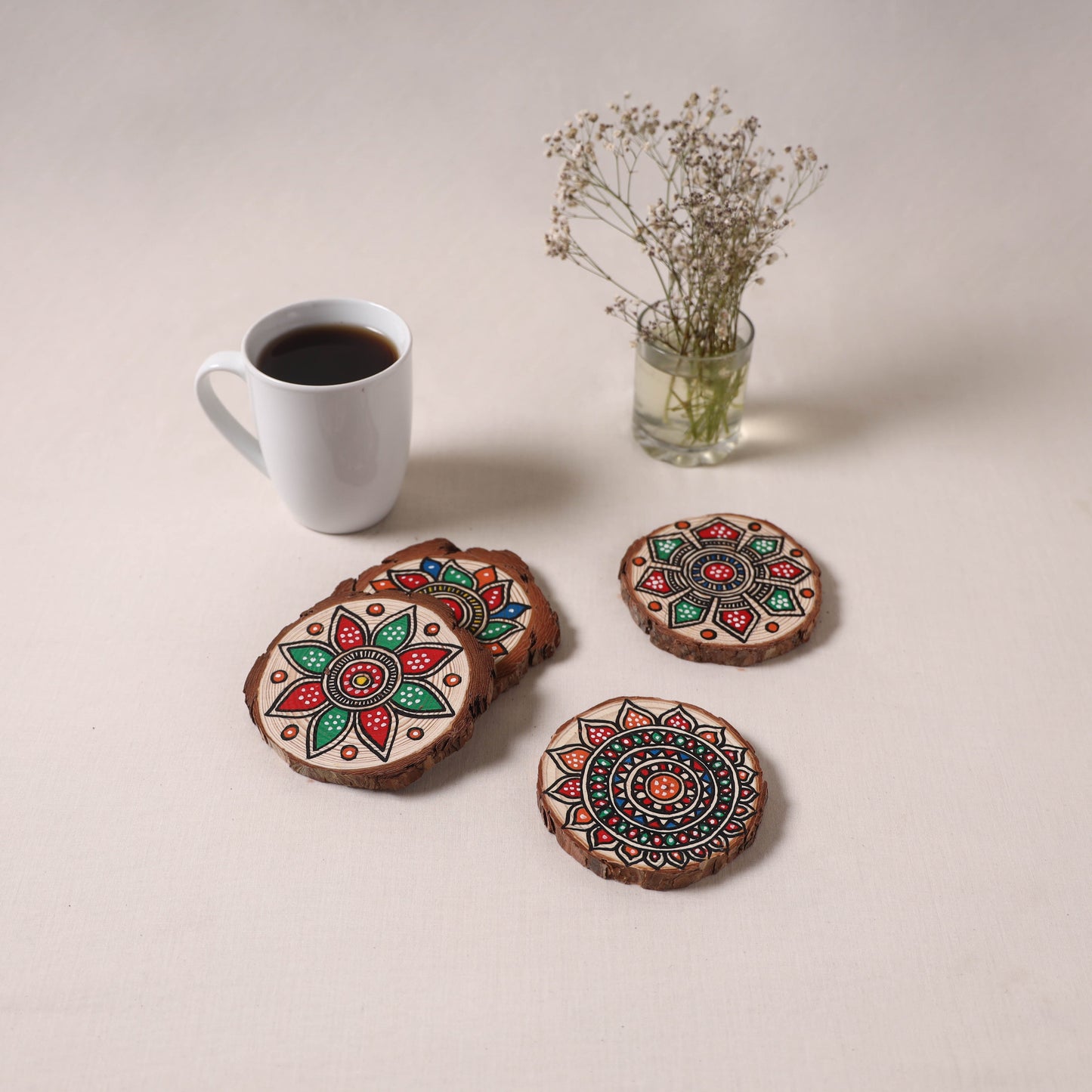 Madhubani handpainted pine wood coaster (set of 4) 12