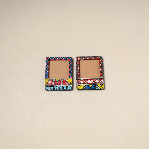 Madhubani handpainted wooden photo frame fridge magnet (set