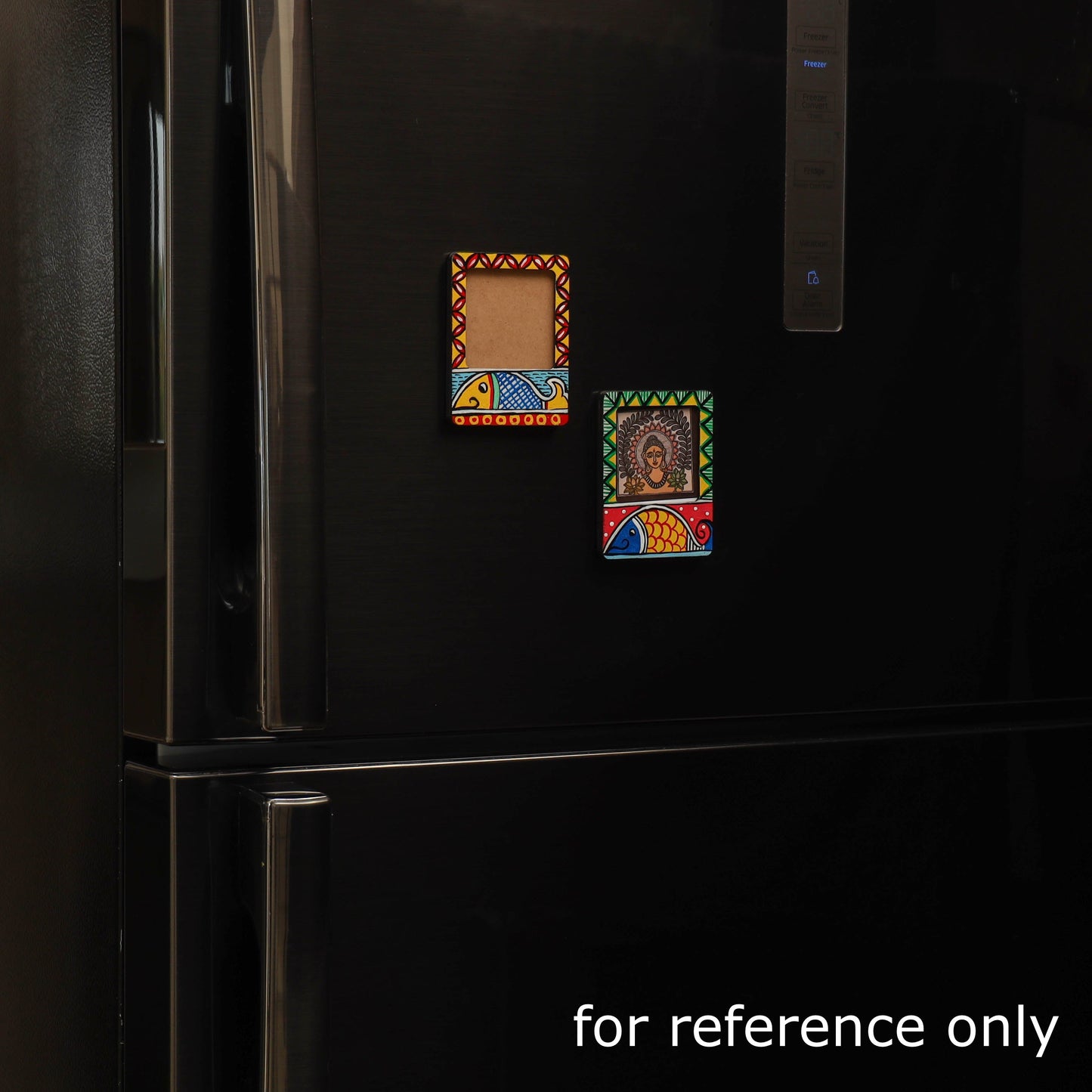 Madhubani handpainted wooden photo frame fridge magnet (set
