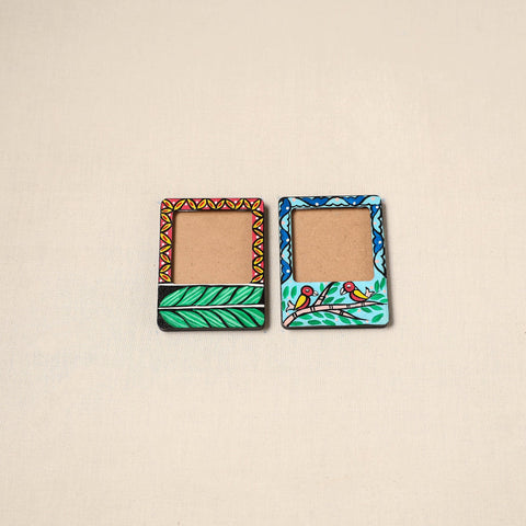 Madhubani handpainted wooden photo frame fridge magnet (set