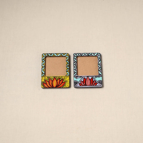 Madhubani handpainted wooden photo frame fridge magnet (set