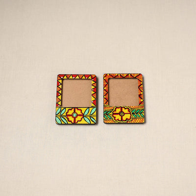 Madhubani handpainted wooden photo frame fridge magnet (set