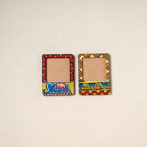 Madhubani handpainted wooden photo frame fridge magnet (set