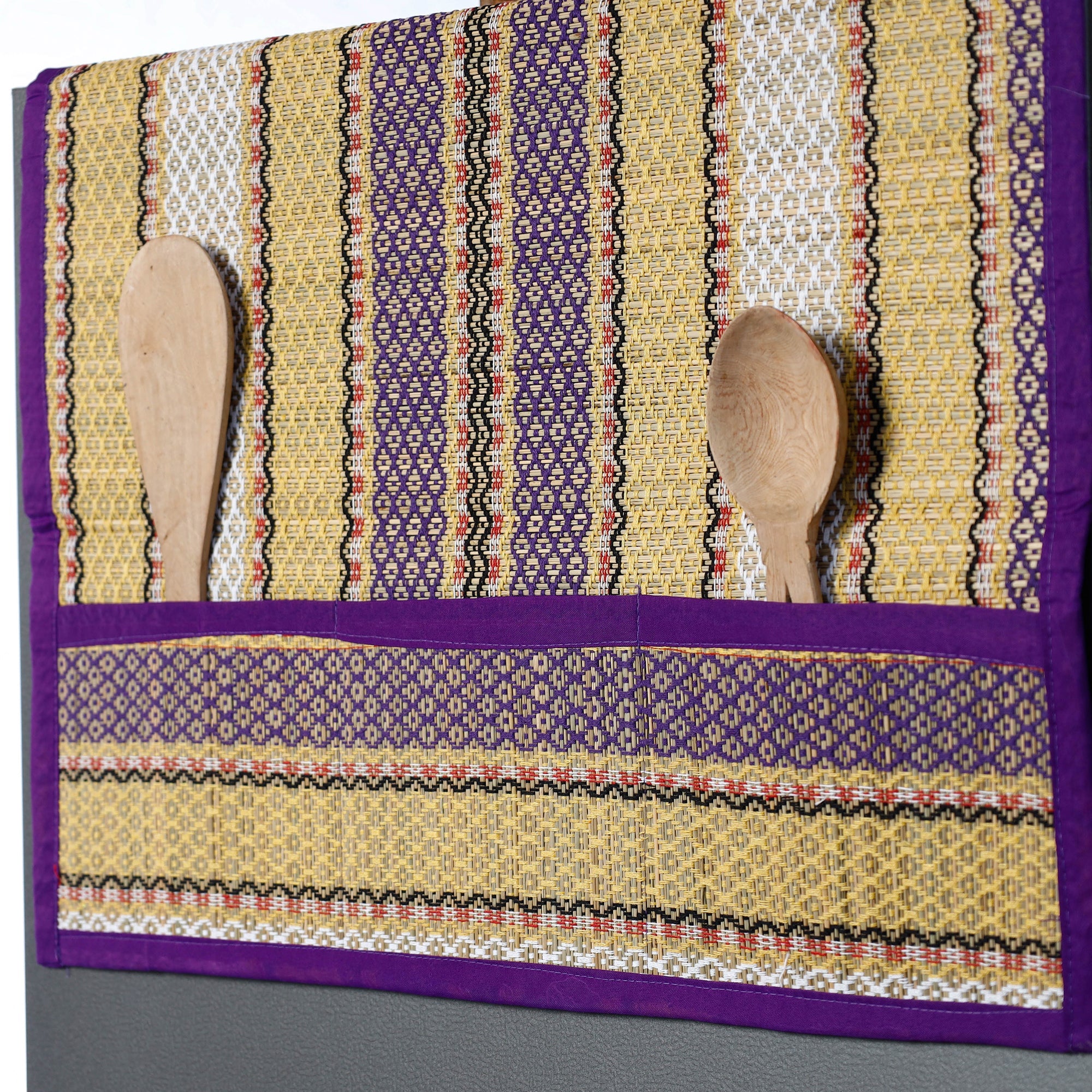 Multicolor Madur Grass Fridge Top Cover with Multiple Pockets