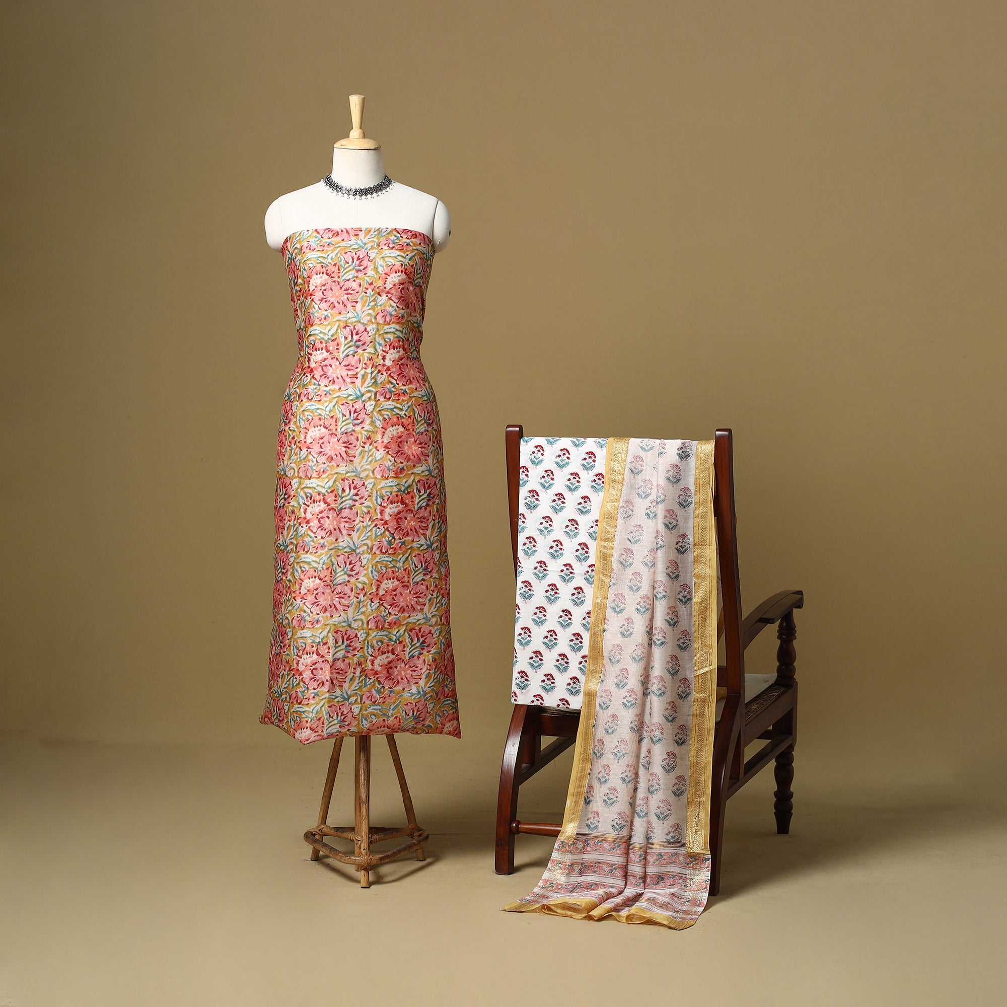 Multicolor - maheshwari silk sanganeri hand 3pc unstitched