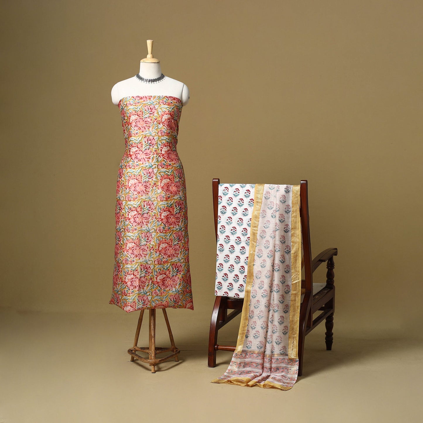 Multicolor - maheshwari silk sanganeri hand 3pc unstitched