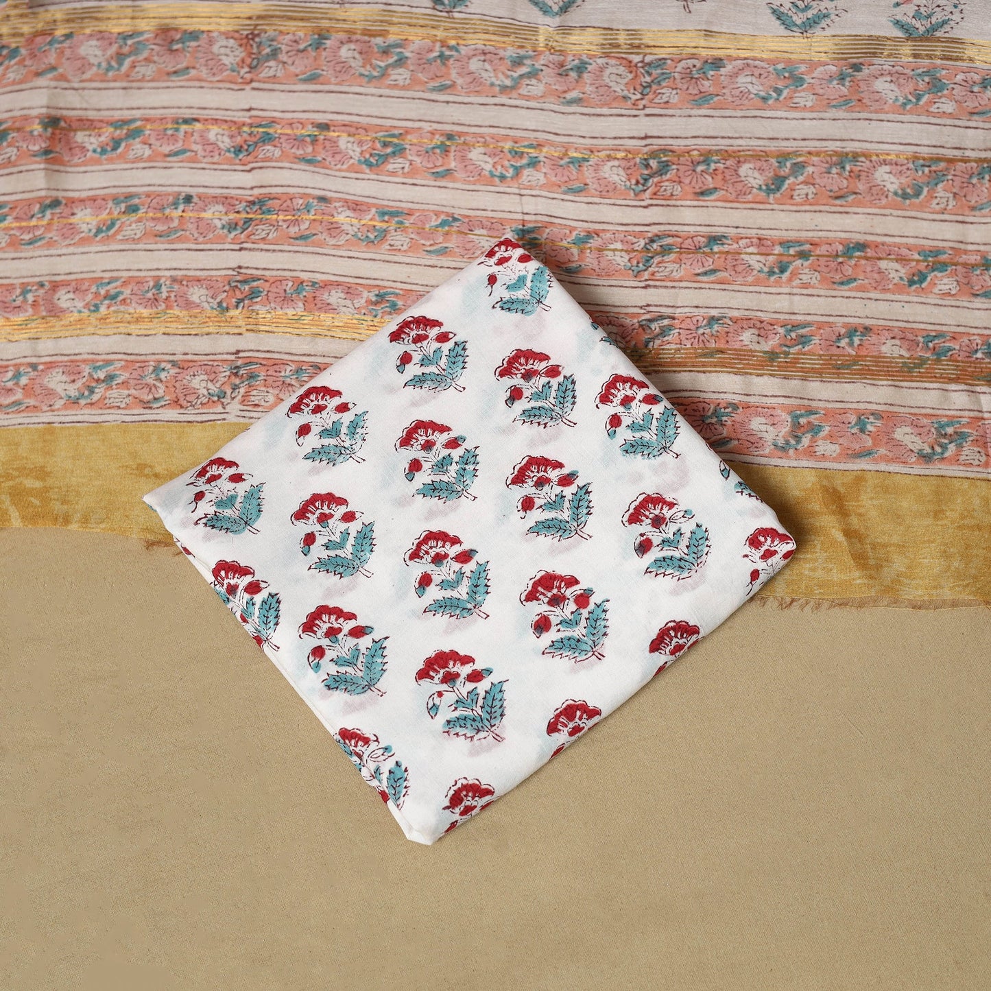 Multicolor - maheshwari silk sanganeri hand 3pc unstitched