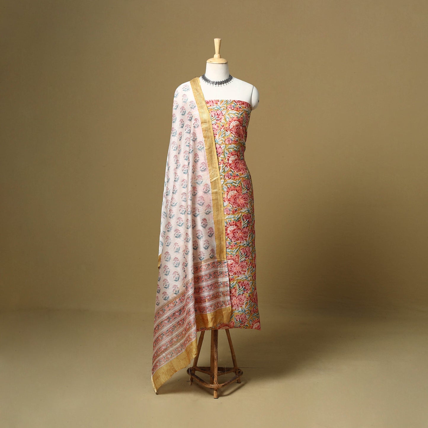 Multicolor - maheshwari silk sanganeri hand 3pc unstitched