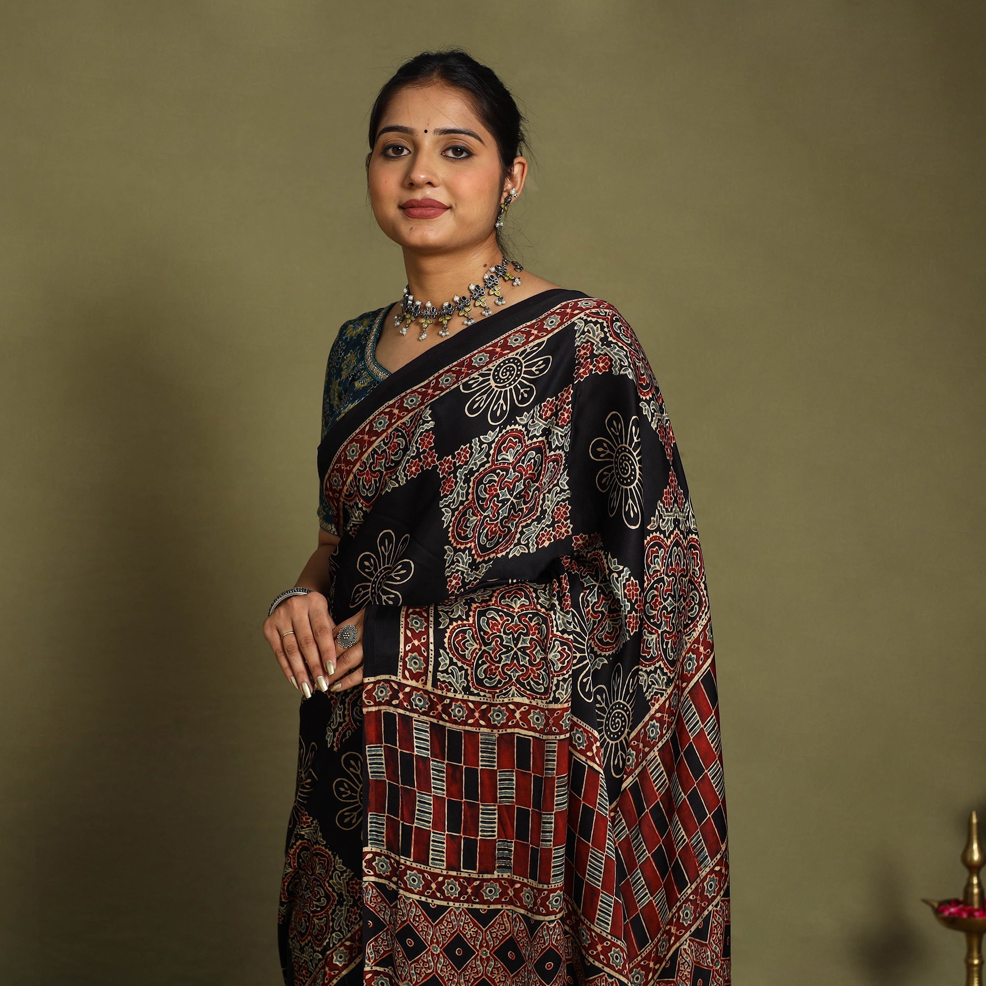  Multicolor Modal Silk Block Print Ajrakh Saree
