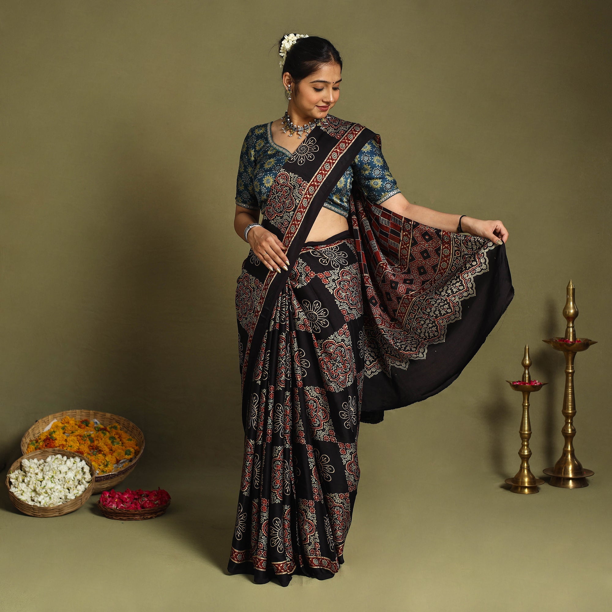  Multicolor Modal Silk Block Print Ajrakh Saree