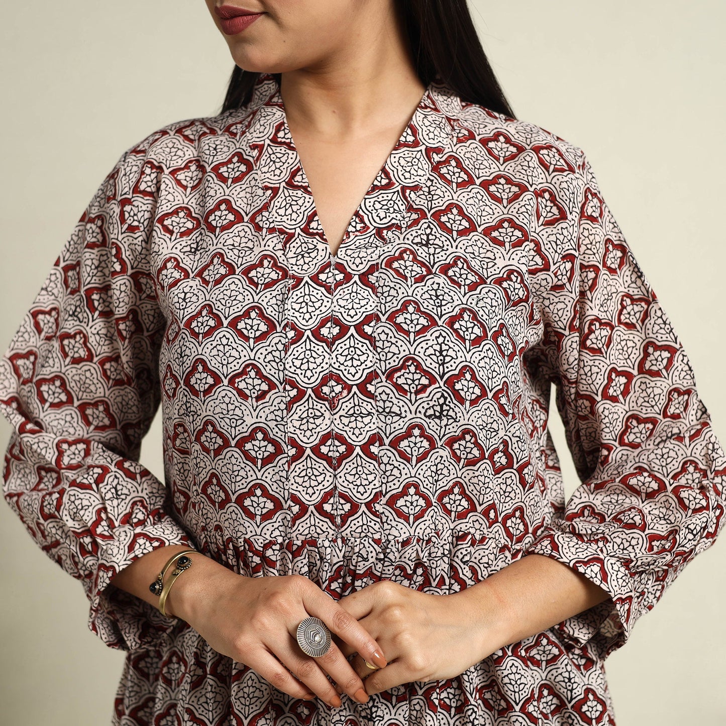  Multicolor Block Print Mul Cotton Tiered Bagh Dress