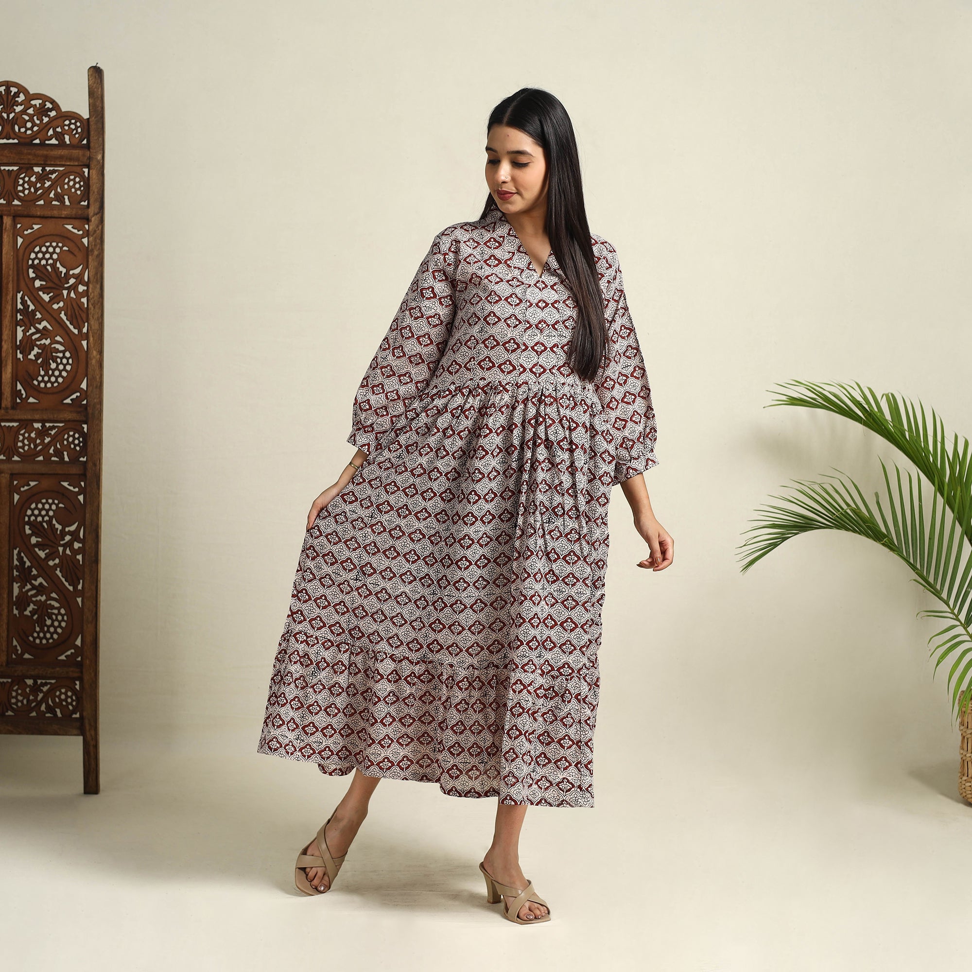  Multicolor Block Print Mul Cotton Tiered Bagh Dress