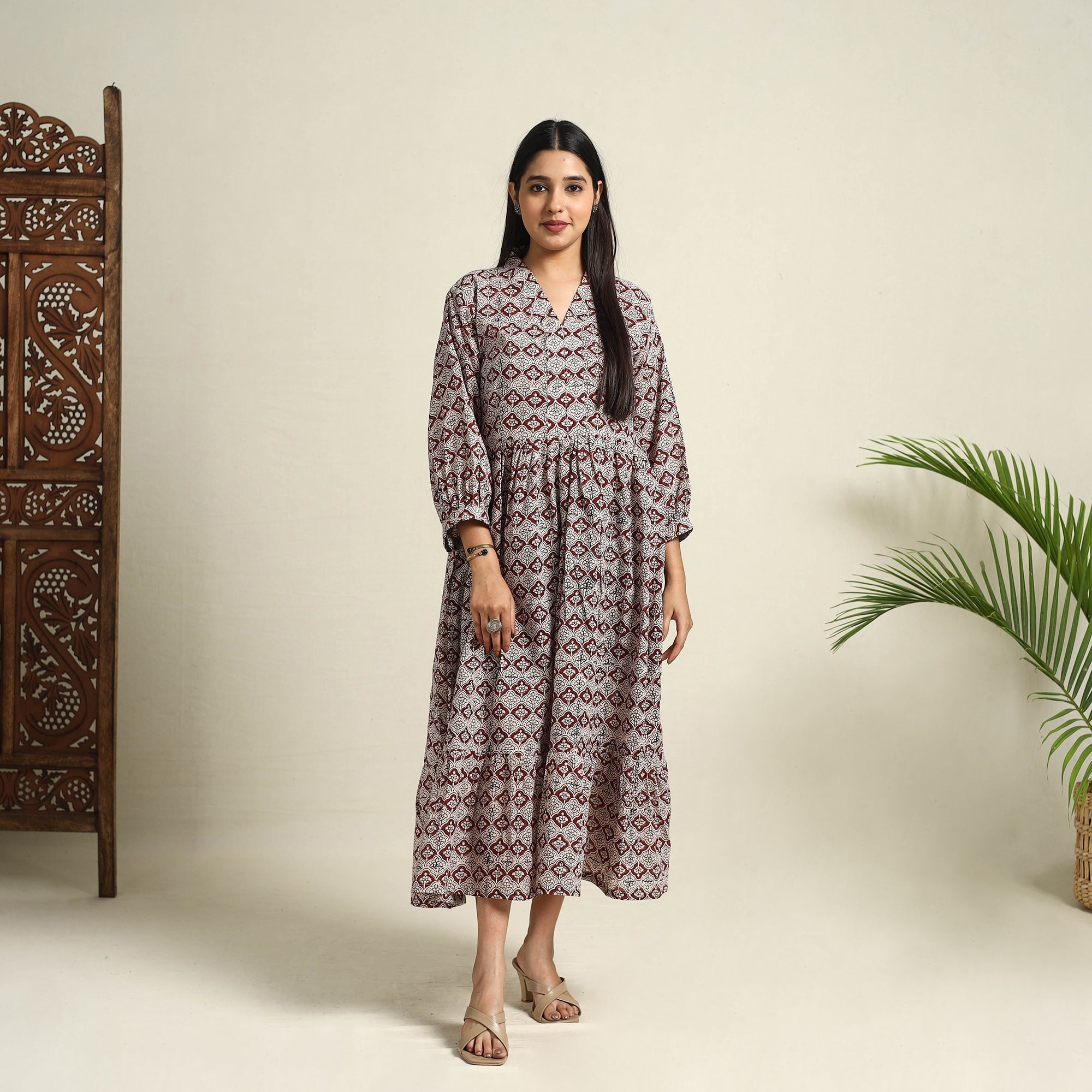  Multicolor Block Print Mul Cotton Tiered Bagh Dress