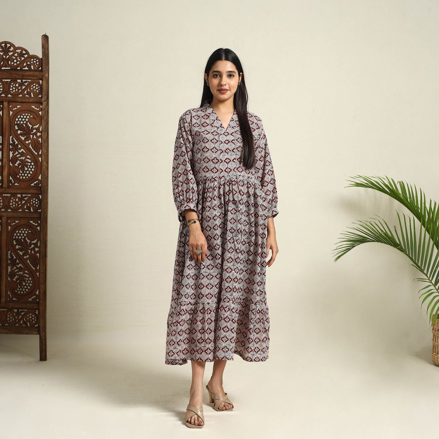  Multicolor Block Print Mul Cotton Tiered Bagh Dress