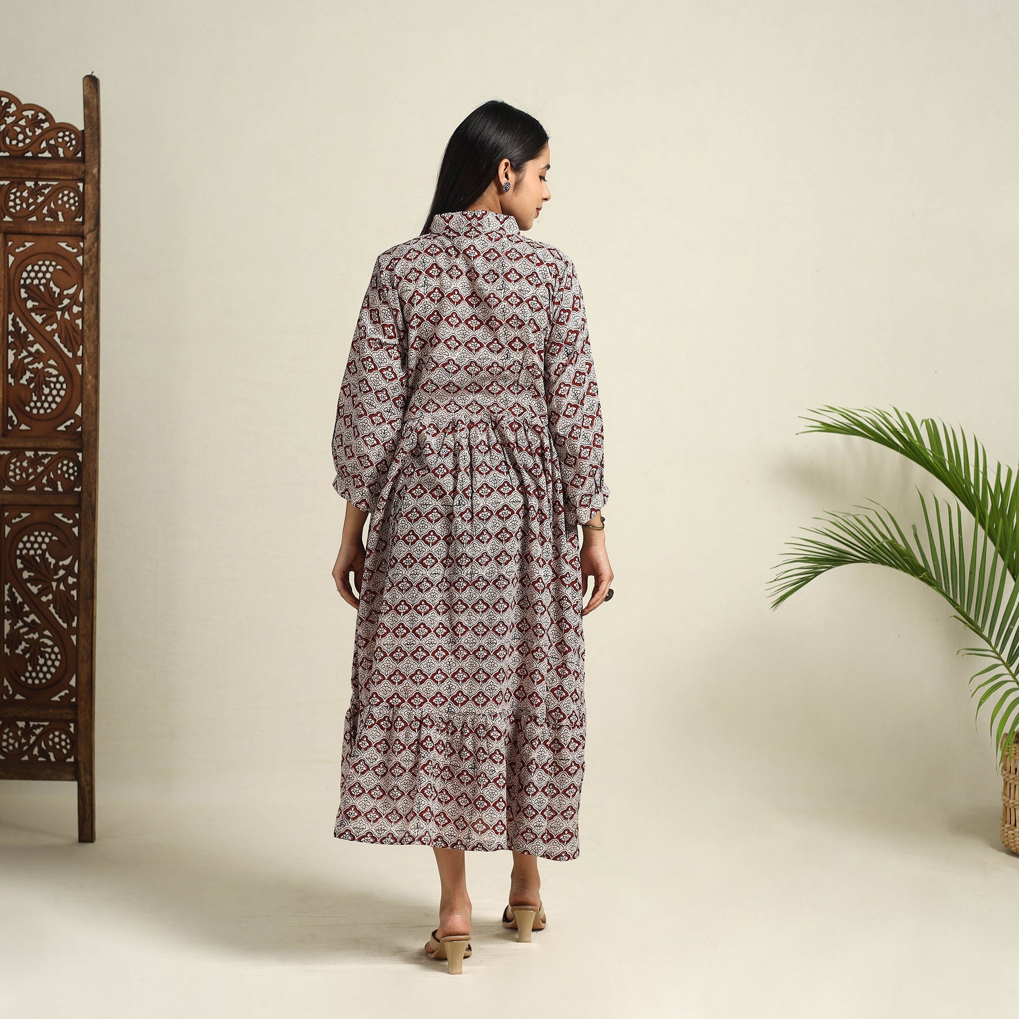  Multicolor Block Print Mul Cotton Tiered Bagh Dress