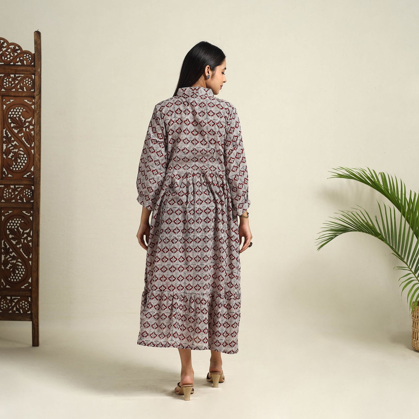  Multicolor Block Print Mul Cotton Tiered Bagh Dress