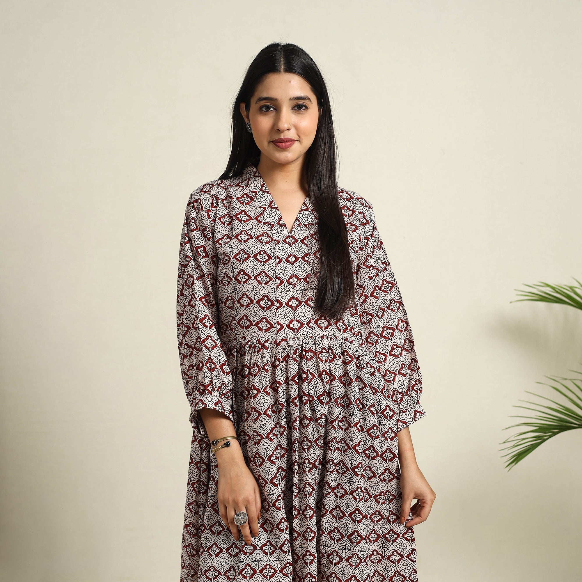  Multicolor Block Print Mul Cotton Tiered Bagh Dress