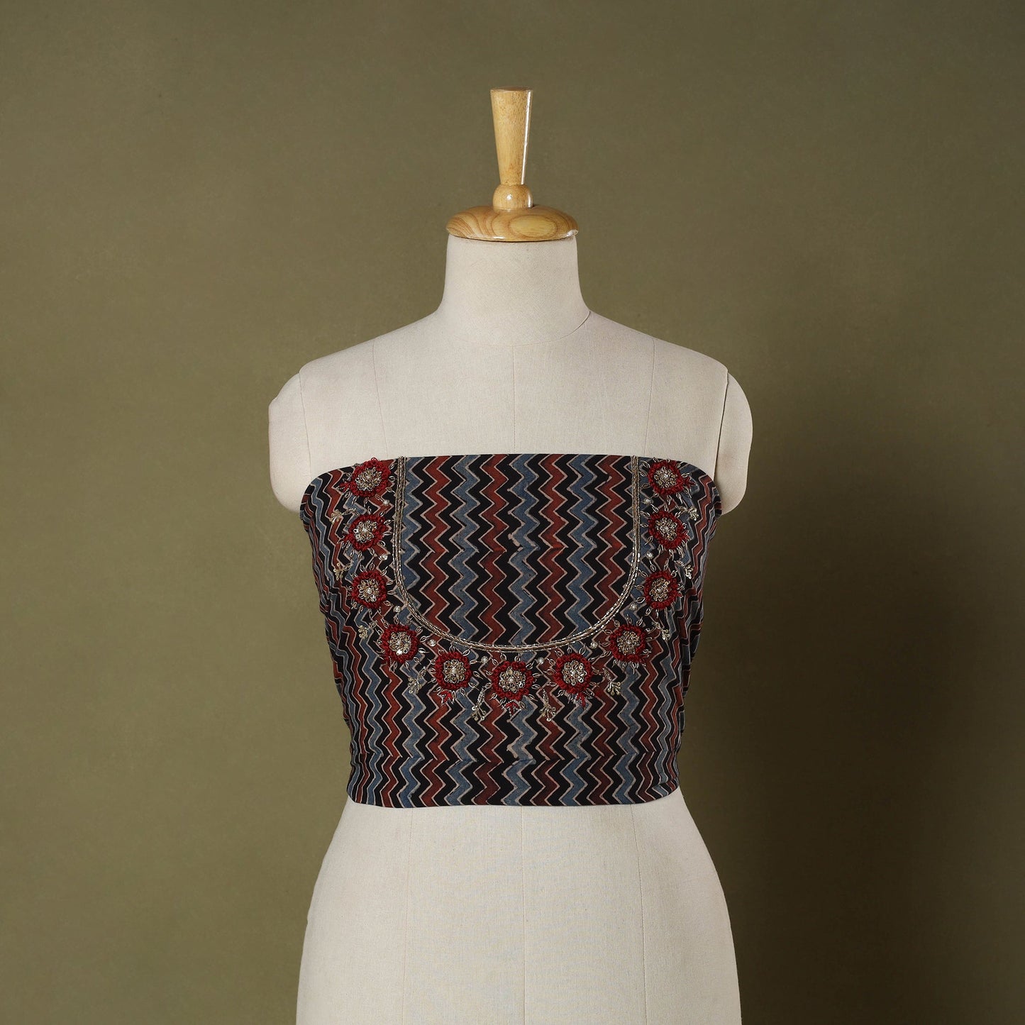 Multicolour Ajrakh Print Hand Embroidery Cotton Blouse Piece