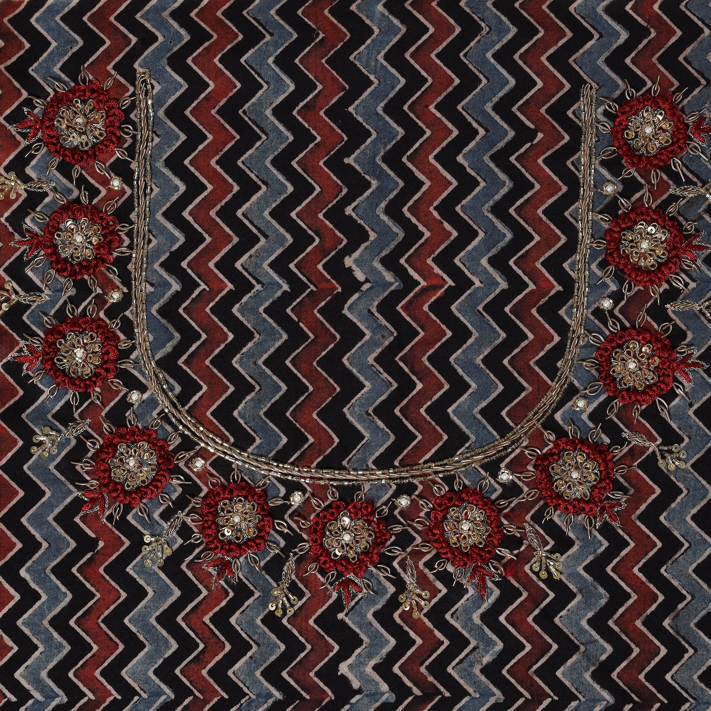 Multicolour Ajrakh Print Hand Embroidery Cotton Blouse Piece