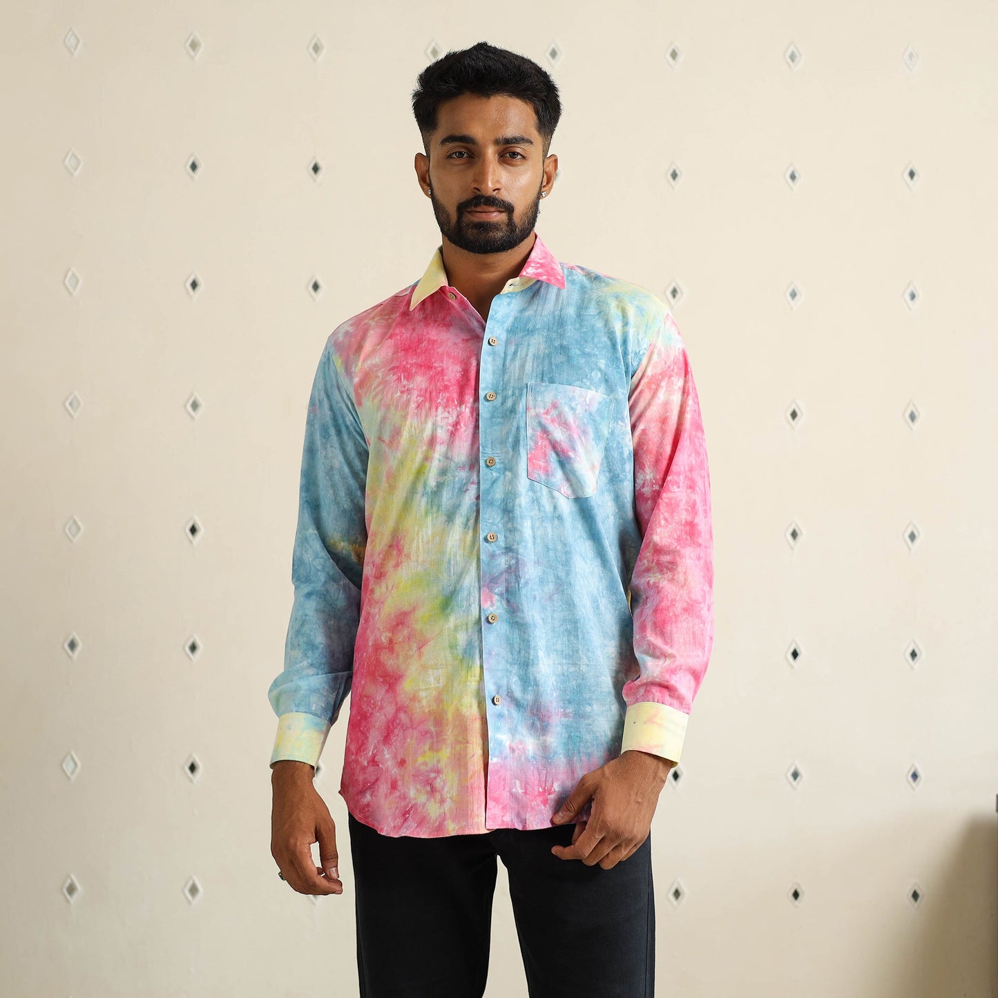 Multicolour Full Sleeve Tie & Dye Cotton Men Shibori Shirt