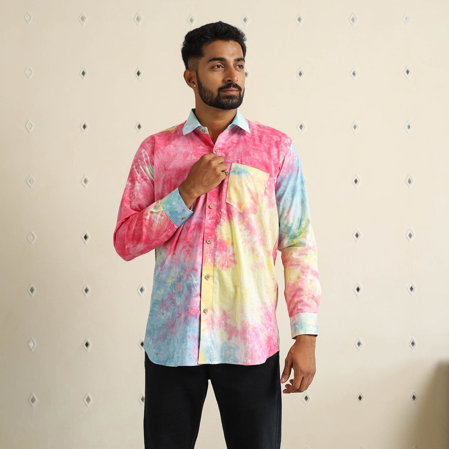 Multicolour Full Sleeve Tie & Dye Cotton Men Shibori Shirt