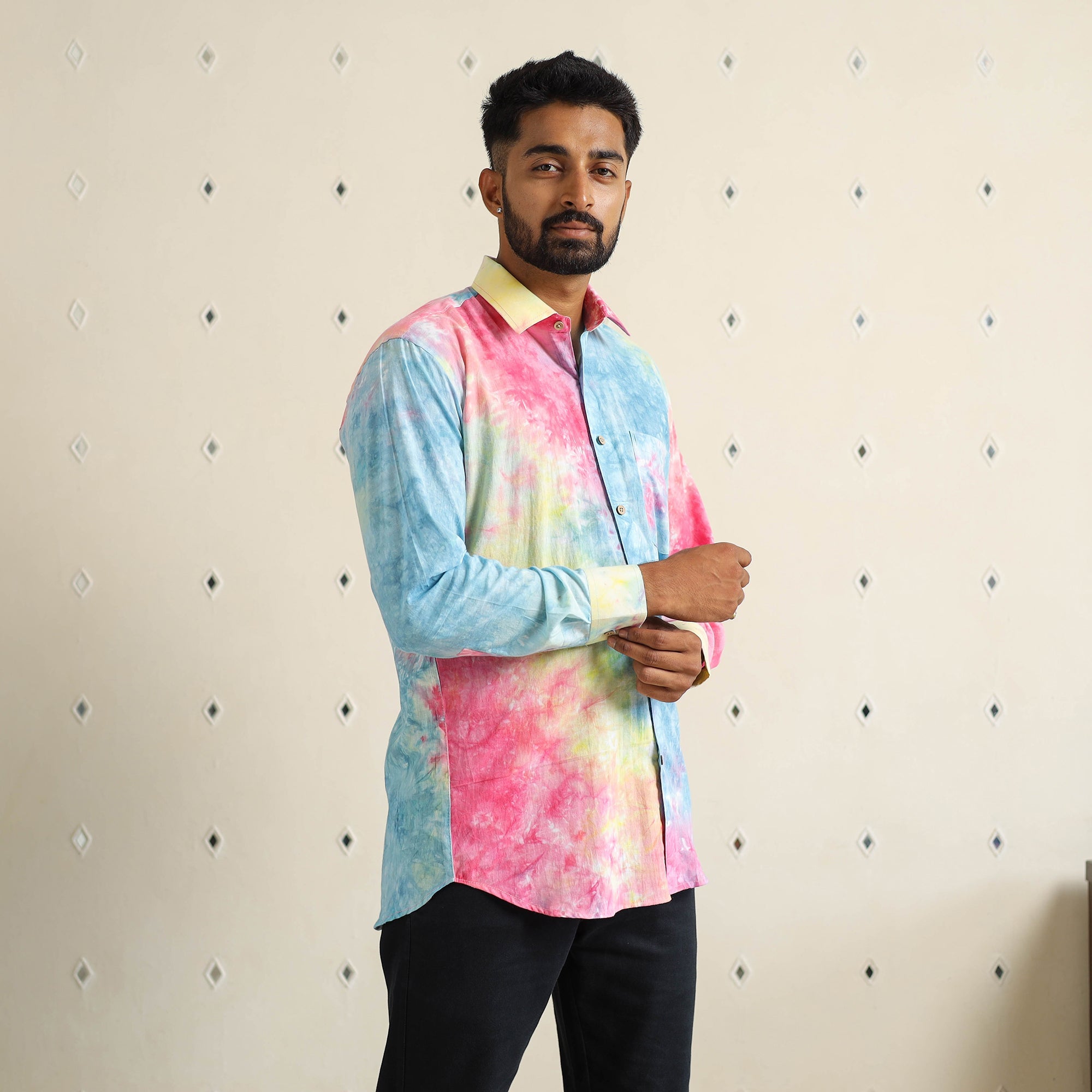 Multicolour Full Sleeve Tie & Dye Cotton Men Shibori Shirt