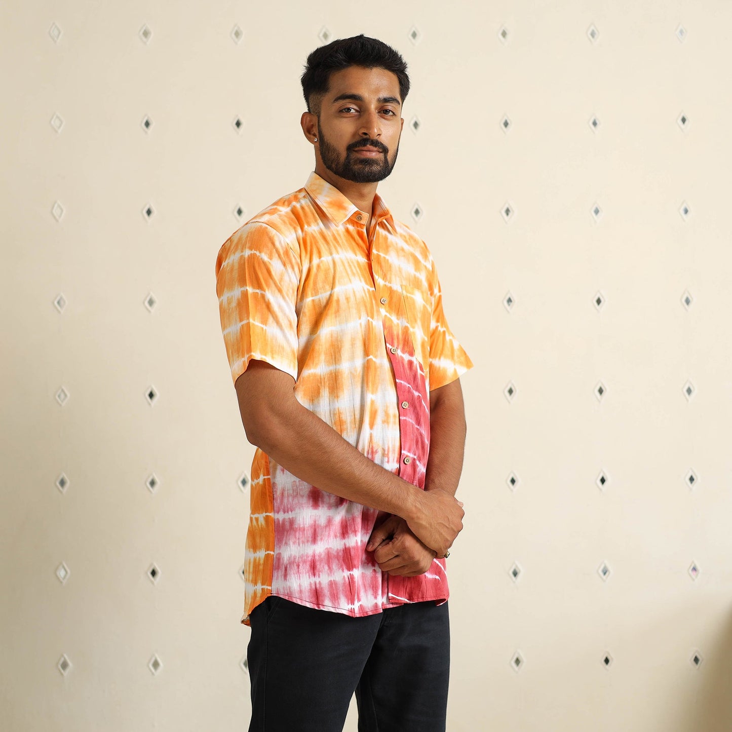 Multicolour Half Sleeve Tie & Dye Cotton Men Shibori Shirt