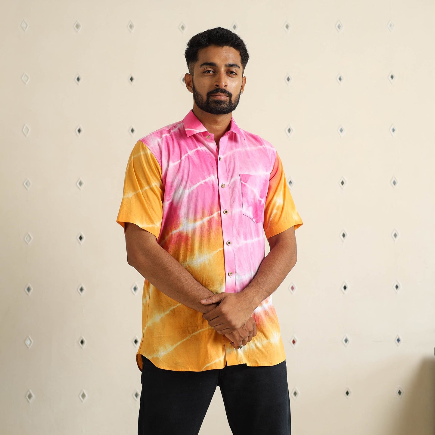 Multicolour Half Sleeve Tie & Dye Cotton Men Shibori Shirt