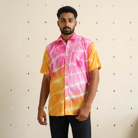 Multicolour Half Sleeve Tie & Dye Cotton Men Shibori Shirt