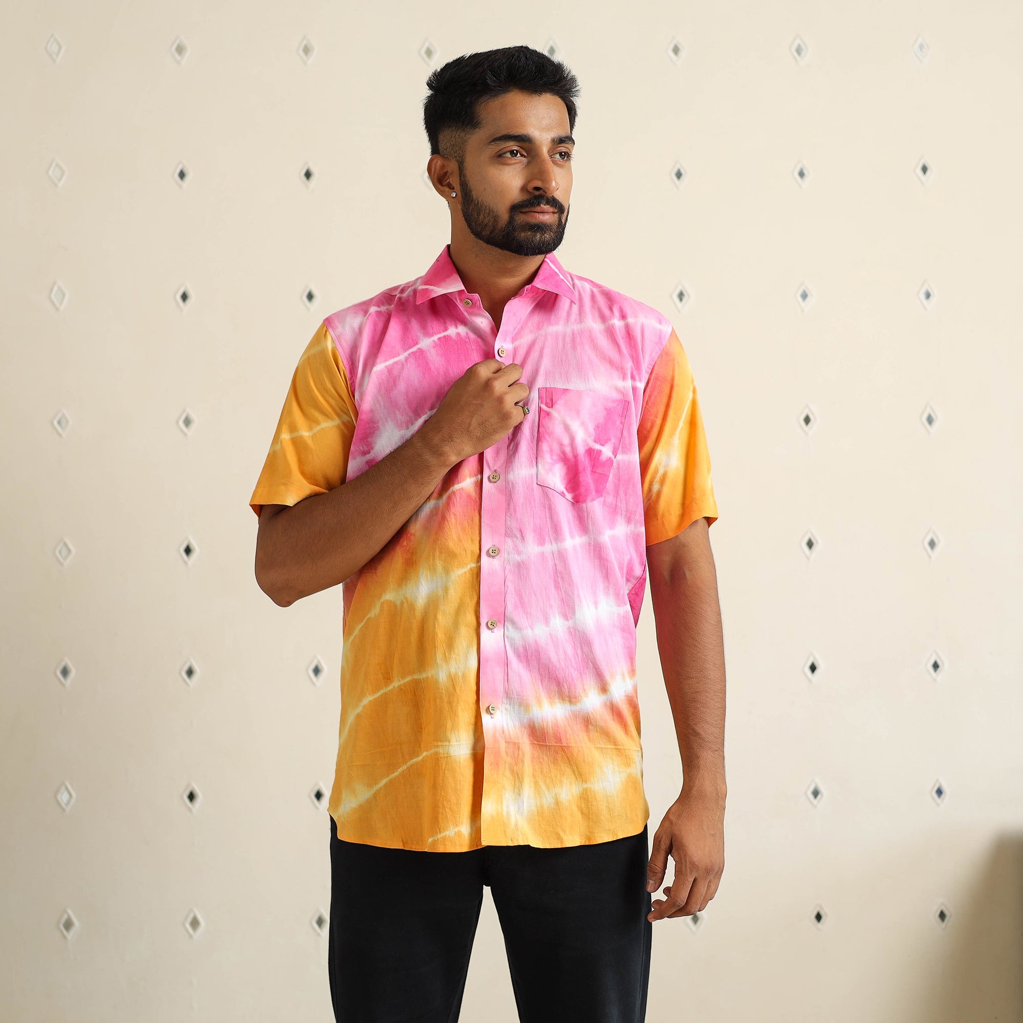 Multicolour Half Sleeve Tie & Dye Cotton Men Shibori Shirt