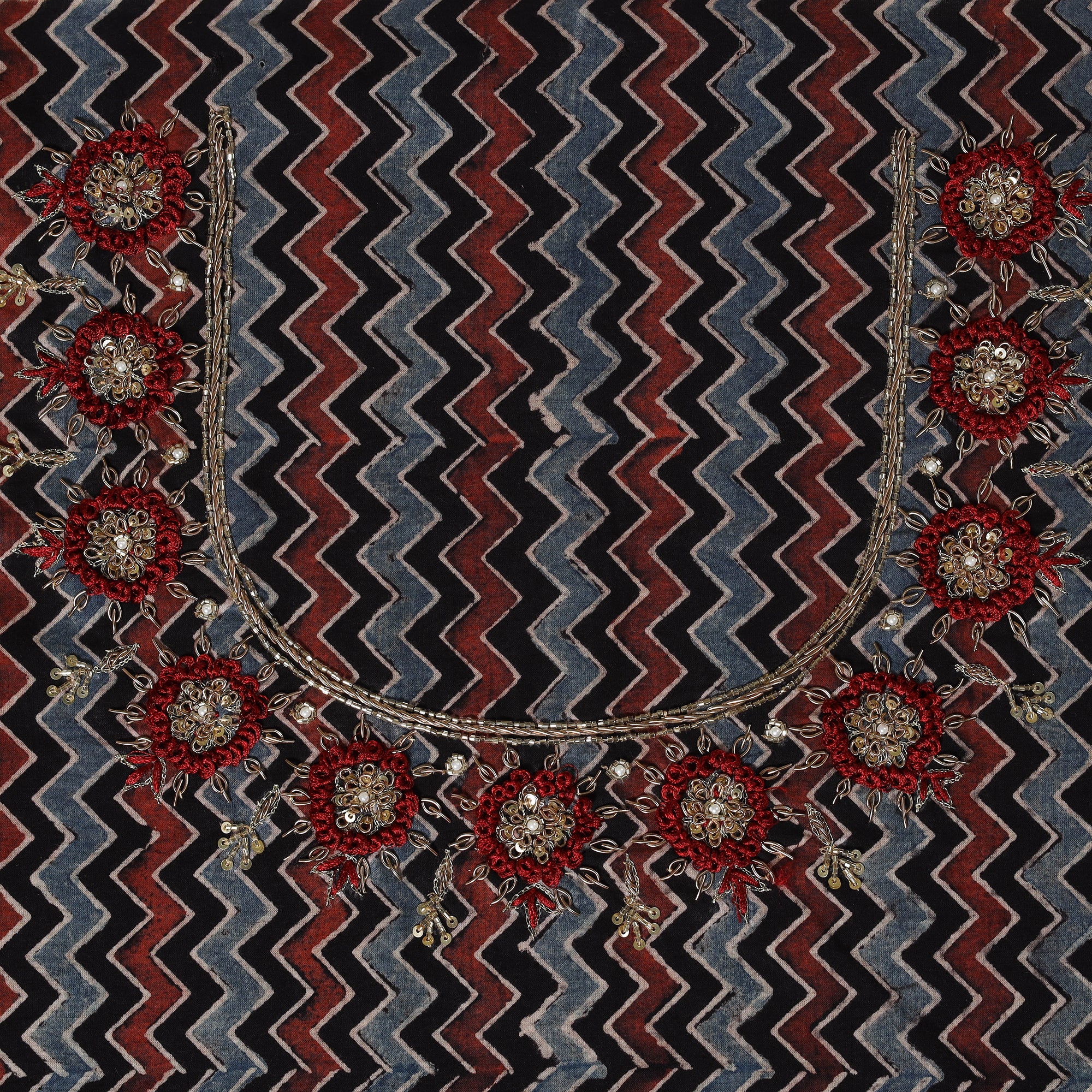 Multicolour Ajrakh Print Hand Embroidery Cotton Blouse Piece