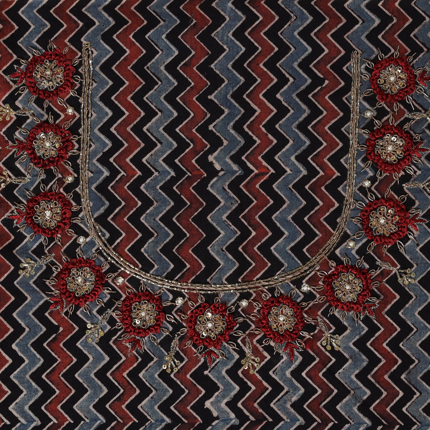 Multicolour Ajrakh Print Hand Embroidery Cotton Blouse Piece