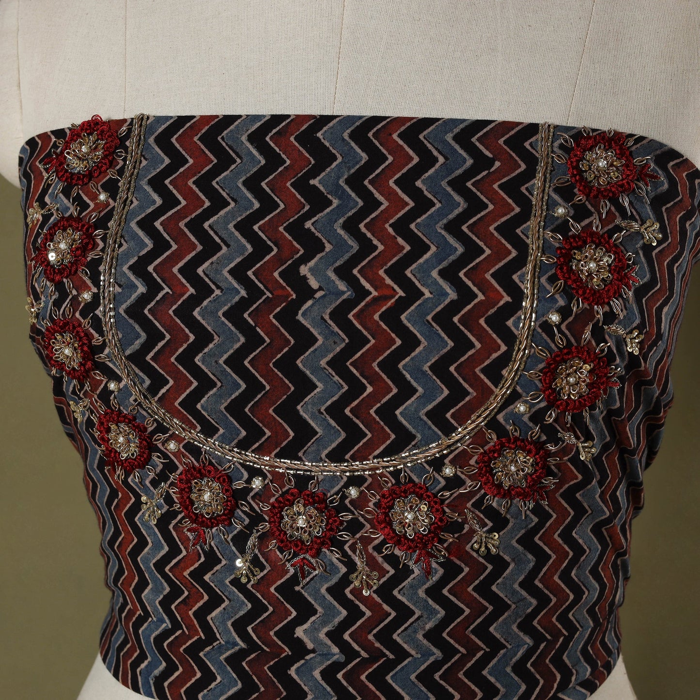 Multicolour Ajrakh Print Hand Embroidery Cotton Blouse Piece