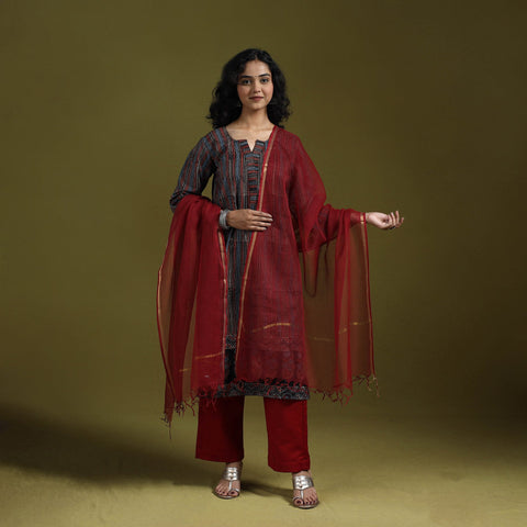 Natural dyed ajrakh hand block print cotton suit set