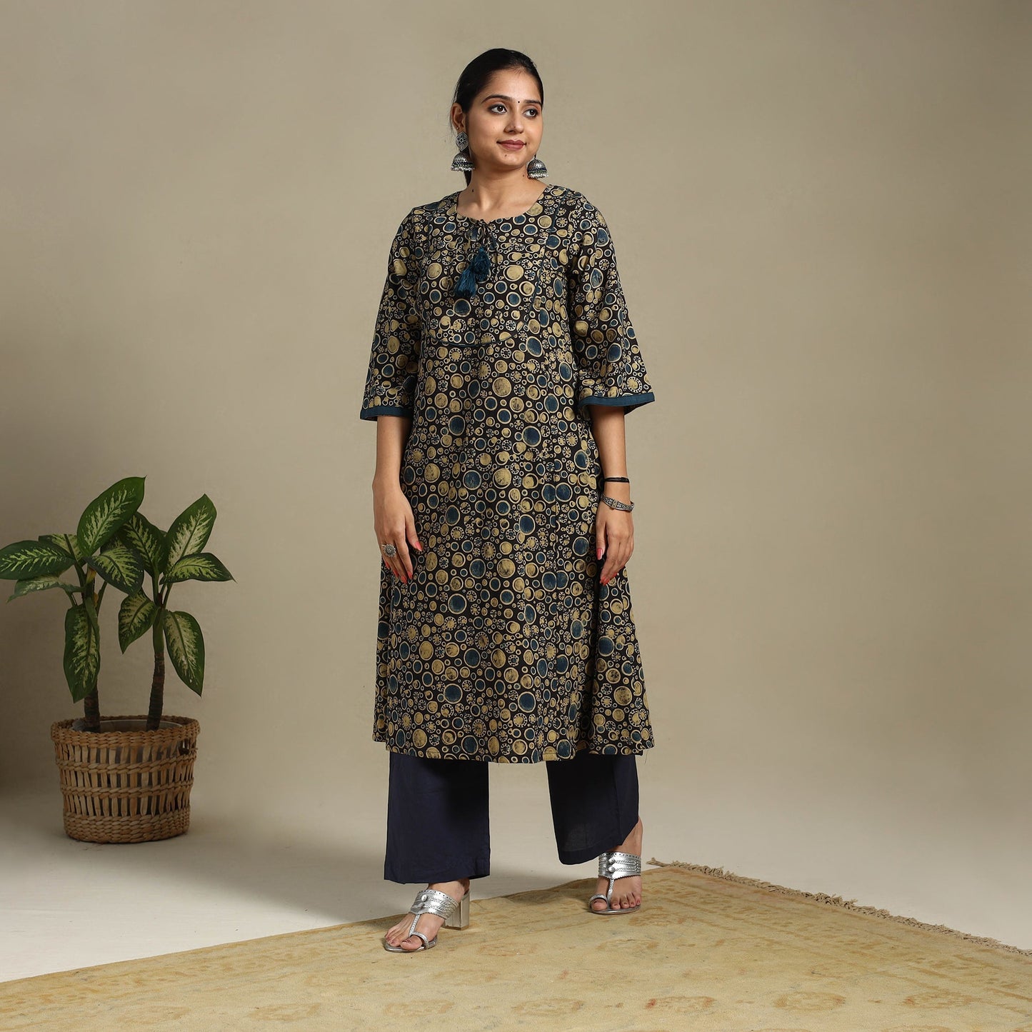 Multicolor Block Print Natural Dyed Cotton A-Line Ajrakh Kurta