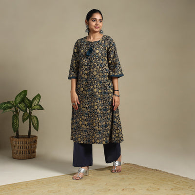 Multicolor Block Print Natural Dyed Cotton A-Line Ajrakh Kurta
