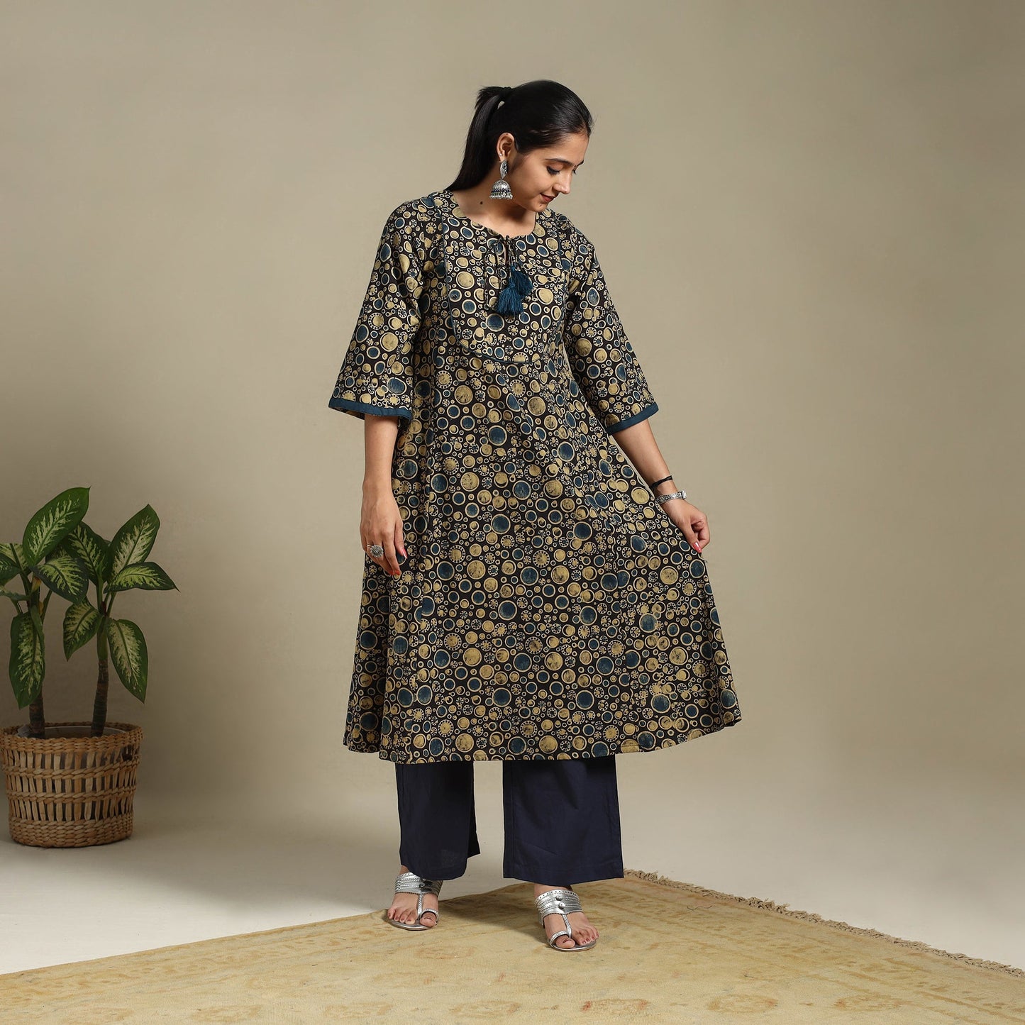Multicolor Block Print Natural Dyed Cotton A-Line Ajrakh Kurta