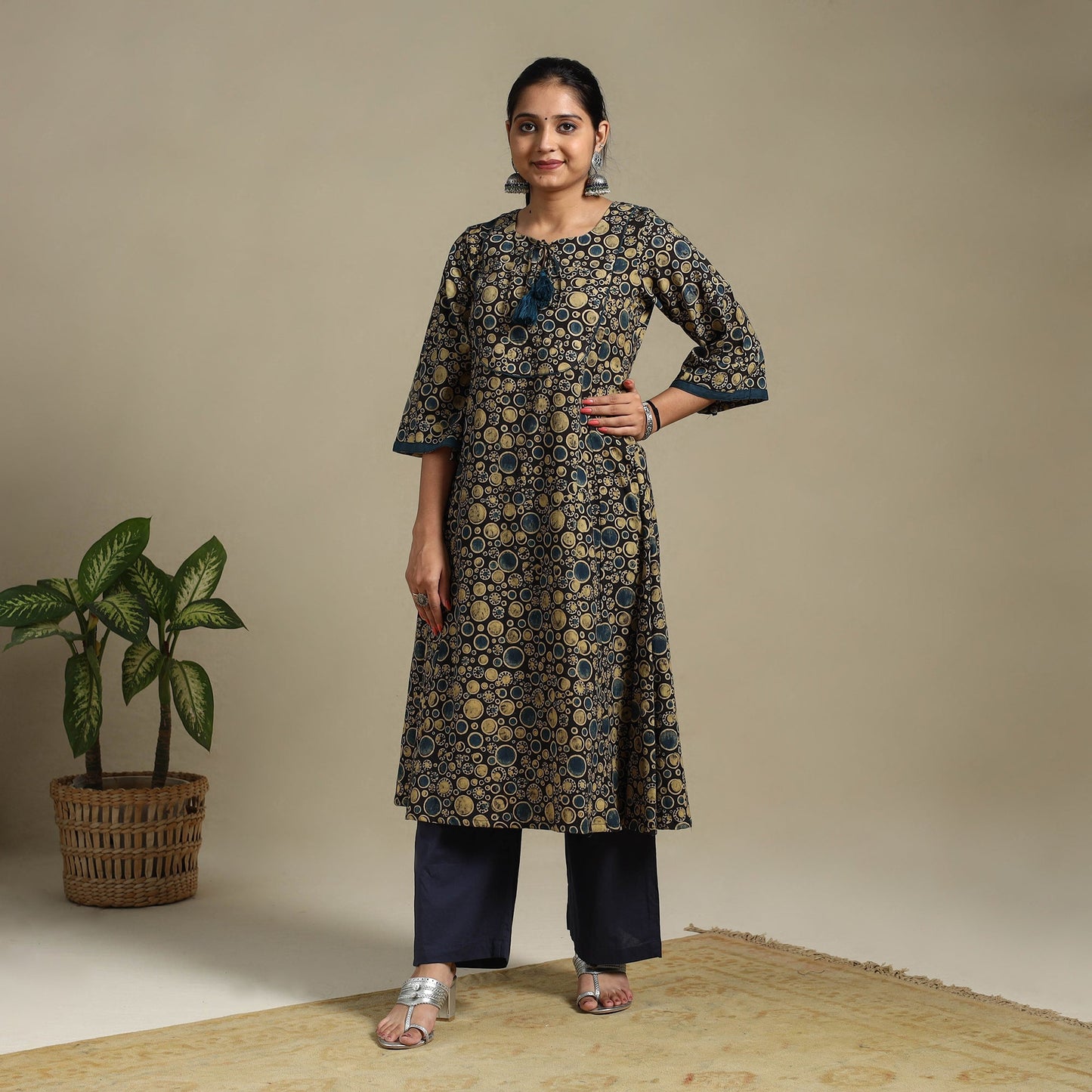 Multicolor Block Print Natural Dyed Cotton A-Line Ajrakh Kurta