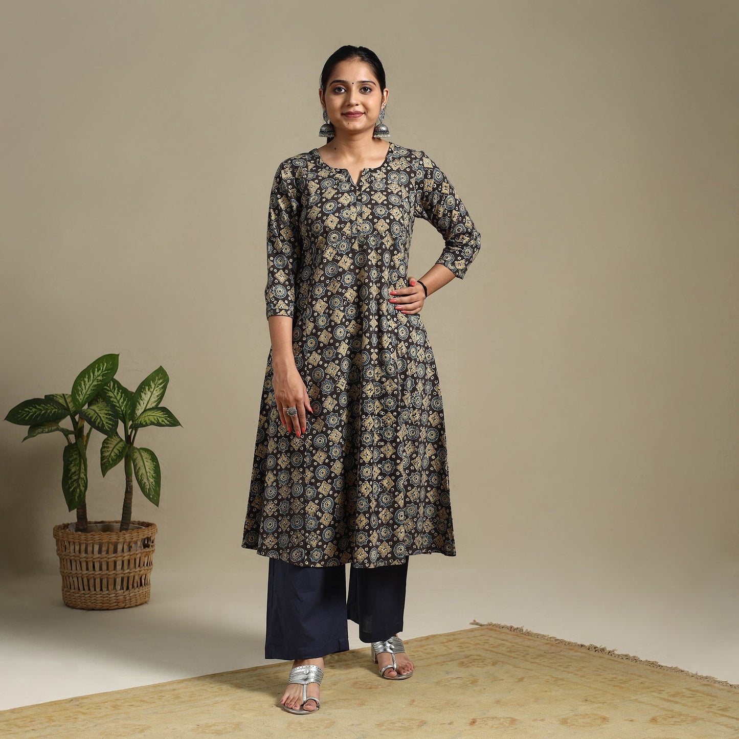 Multicolor Block Print Natural Dyed Cotton A-Line Ajrakh Kurta