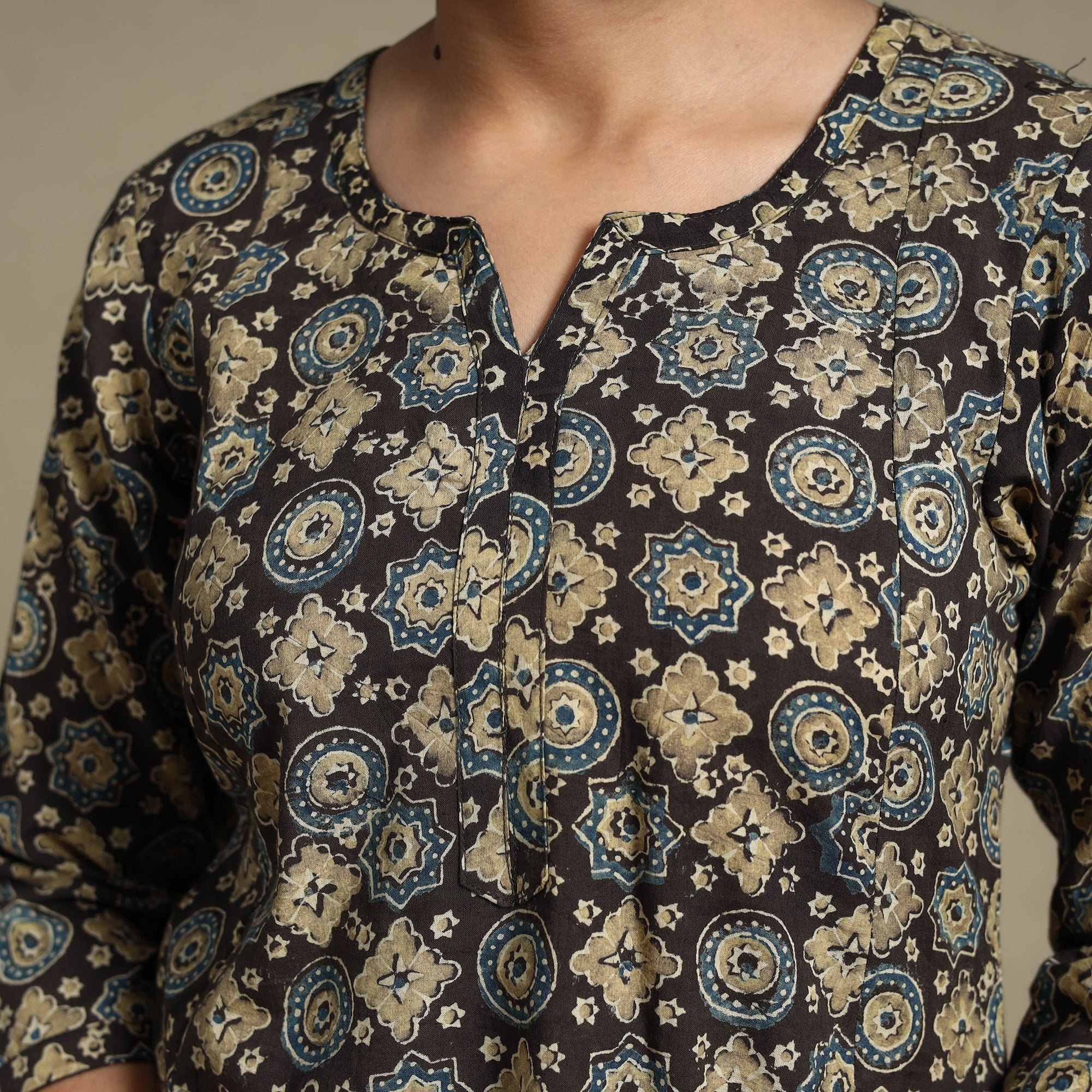 Multicolor Block Print Natural Dyed Cotton A-Line Ajrakh Kurta