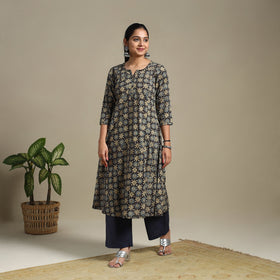 Multicolor Block Print Natural Dyed Cotton A-Line Ajrakh Kurta