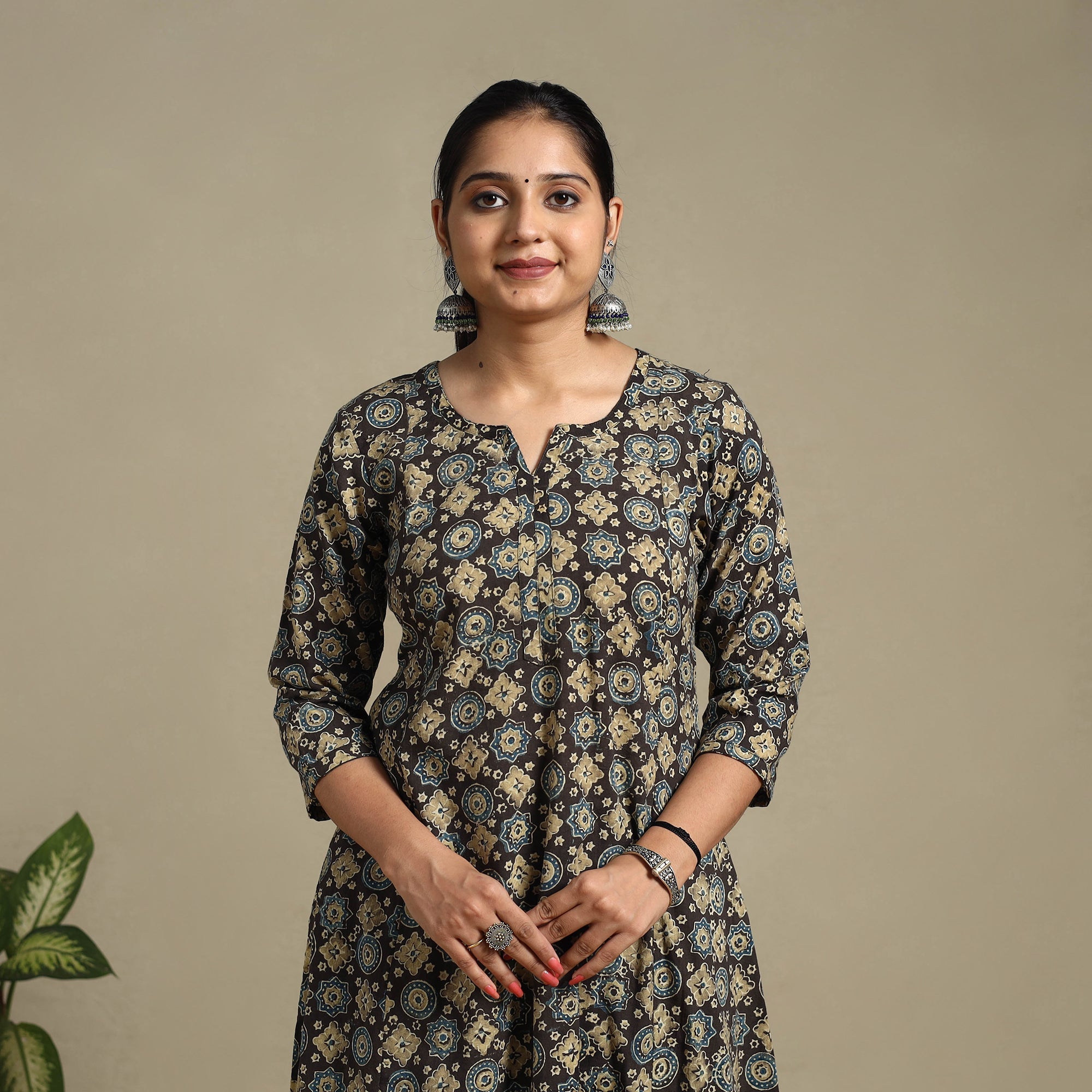 Multicolor Block Print Natural Dyed Cotton A-Line Ajrakh Kurta