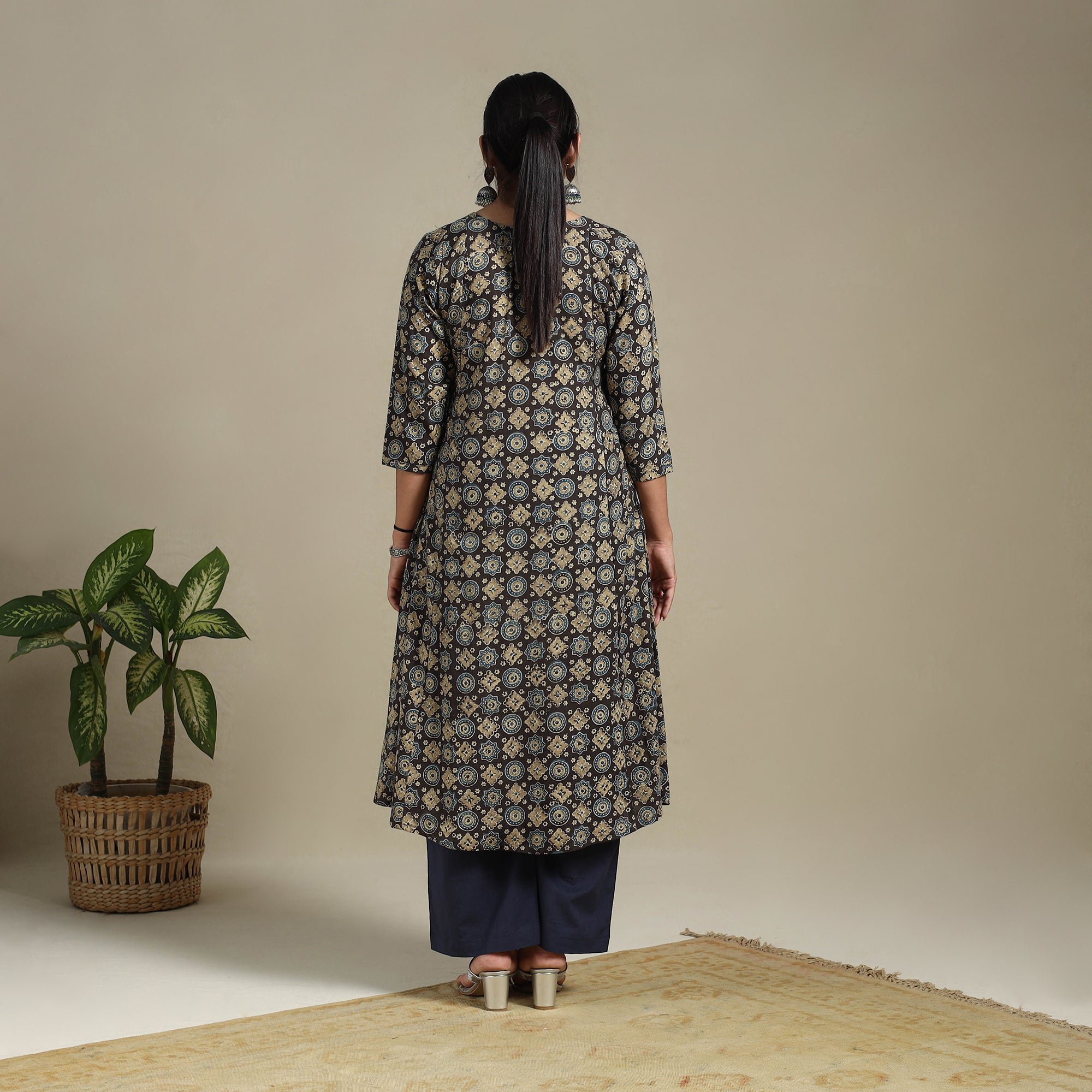 Multicolor Block Print Natural Dyed Cotton A-Line Ajrakh Kurta