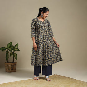 Multicolor Block Print Natural Dyed Cotton A-Line Ajrakh Kurta
