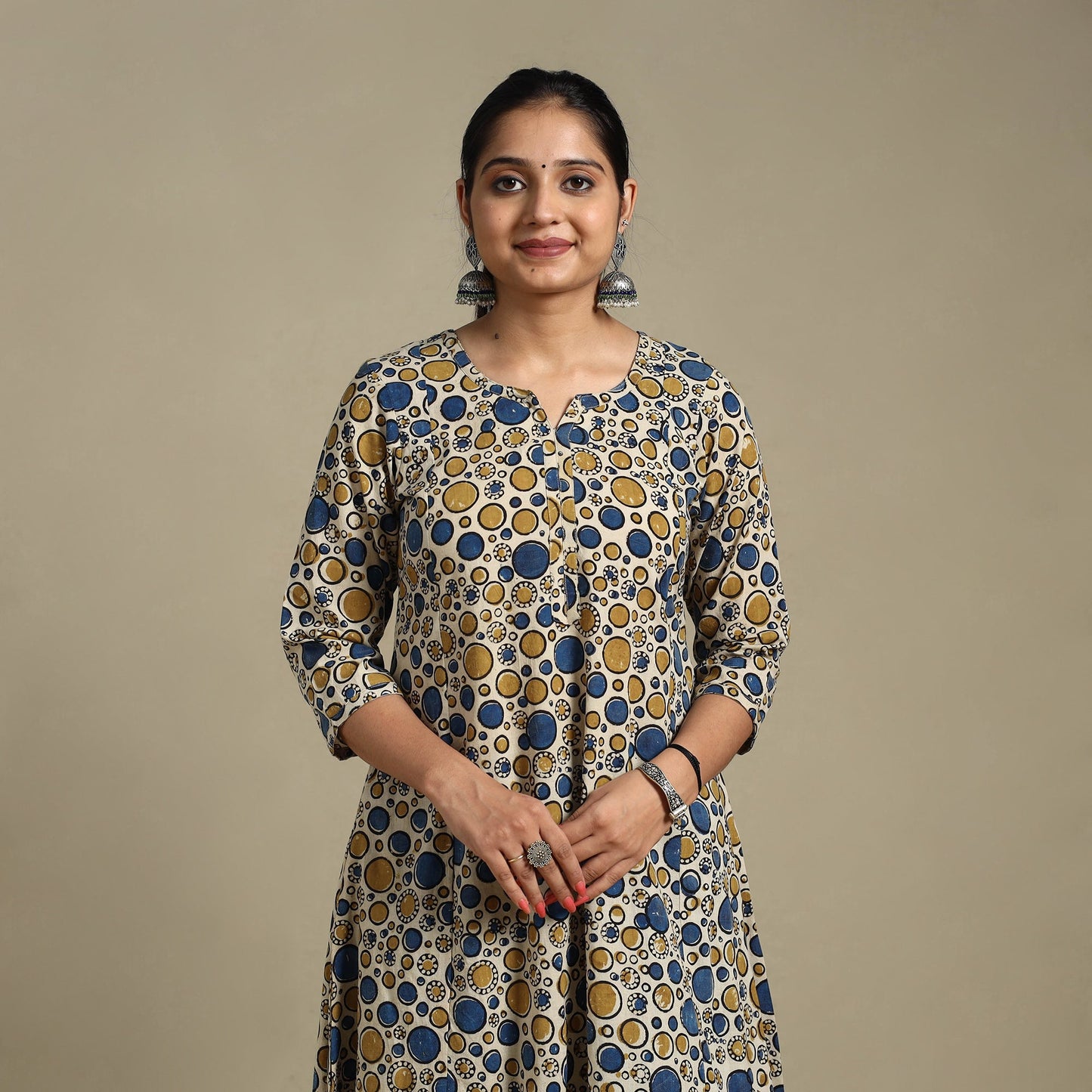 Multicolor Block Print Natural Dyed Cotton A-Line Ajrakh Kurta